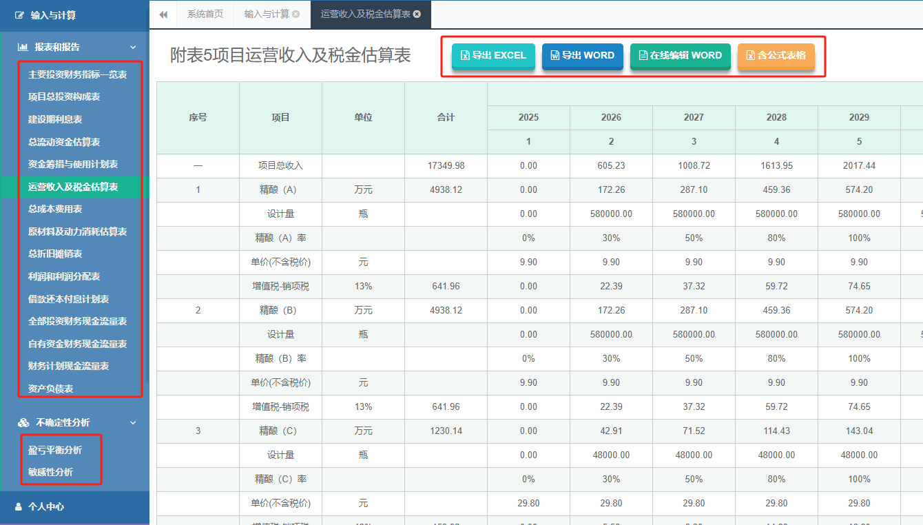 年产50万套精密模具制造项目运营收入及税金估算表